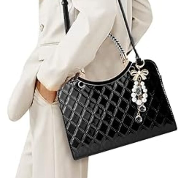 Neiman Marcus Shiny Black Patent Leather Floral Charm Handbag - Picture 2 of 4